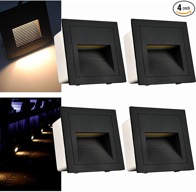 120V Indoor Outdoor Step Lights, LED Stair Lights Indoor Warm White 3000K, Waterproof Recessed Wall Lights for Deck, Stair, Bedroom, Kitchen, Balcony, Aluminum, 4Pack