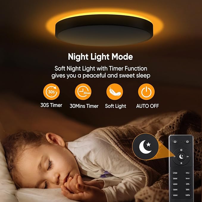 15 Inch Flush Mount Ceiling Light with Remote Control & Night Light, 5CCT Dimmable Ceiling Light Fixture, 35W 3500LM 2700K-6500K Adjustable LED Ceiling Lights for Bedroom Kitchen, Black