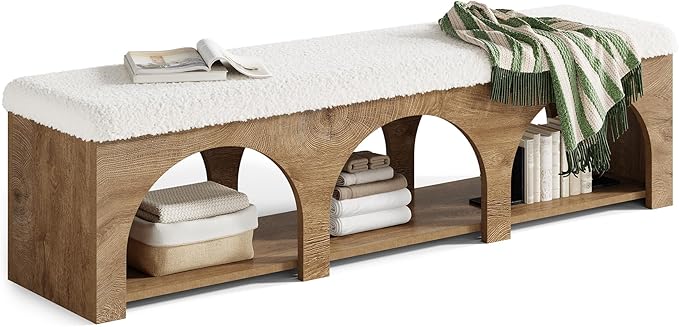 Tribesigns 63" Upholstered Entryway Bench, 2-Tier Entry Shoe Bench with Cushion and Storage Shelf, Farmhouse Padded Bench for Bedroom, Hallway, Foyer, Wood Color