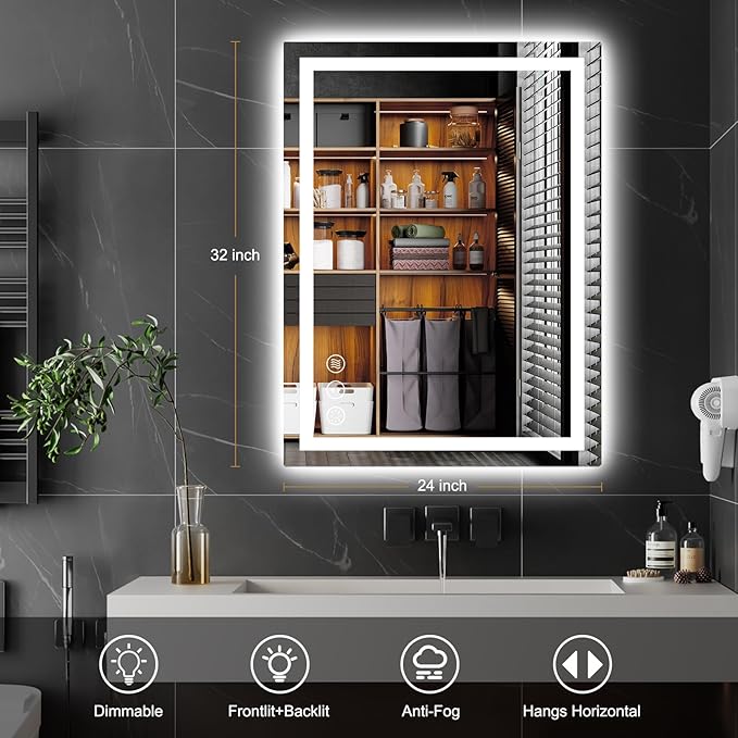 24x32 LED Bathroom Mirror with Lights, Anti Fog Vanity Mirror Wall Mounted, Dimmable Front Light and Backlight, Memory Function Tempered Glass, Shatter Proof ETL Listed
