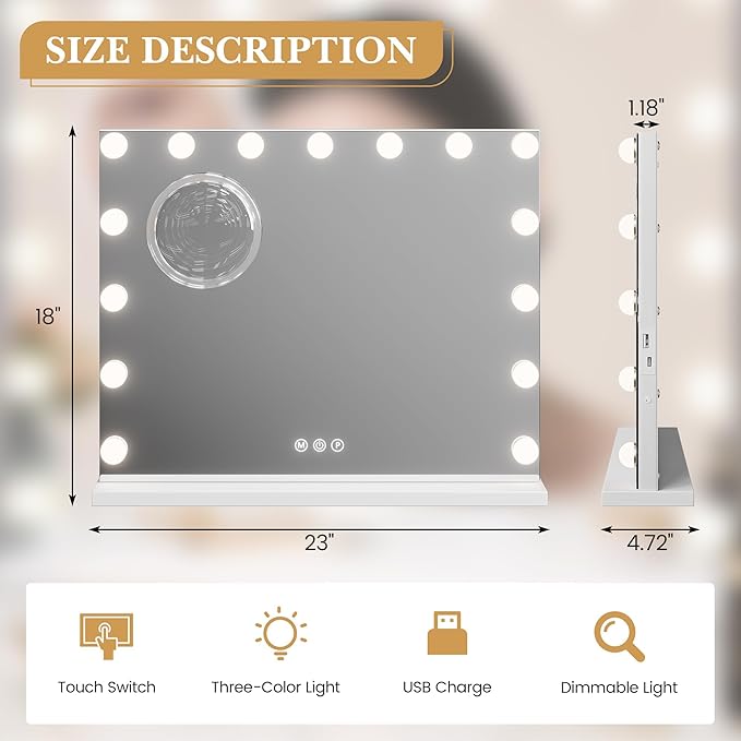 Aluminum Frame LED Makeup Mirror, 23x18 Lighted Vanity Mirror with 15 Dimmable LED Bulbs, 3 Color Modes, 3X Magnifying Mirror, Touch Dimmer, USB Type-C Port, Detachable Base, Wall Mountable