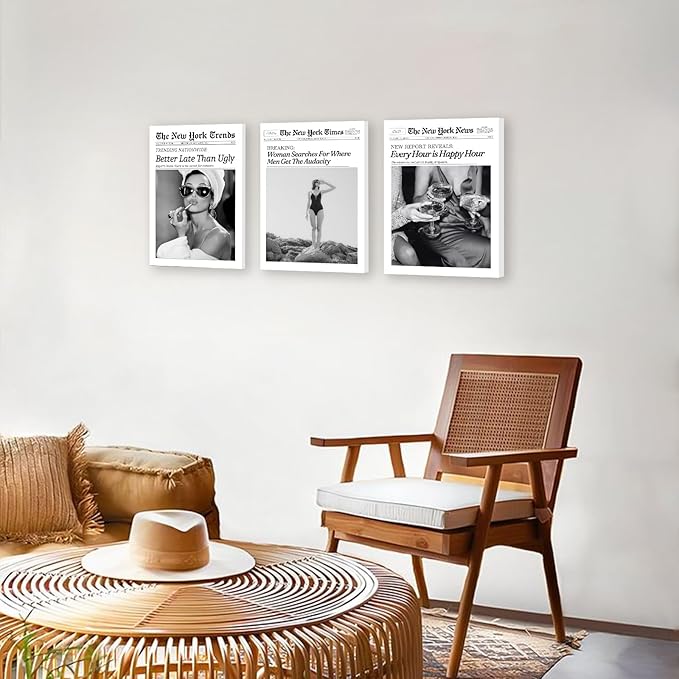 Audrey Hepburn Newspaper Trendy Wall Art Set of 3,Framed Wall Art for Bedroom,Black and White Wall Decor for Bathroom,Magazine Headline News Better Late Than Ugly Prints,New York Times Canvas Bathroom Wall Decor,12x16inch