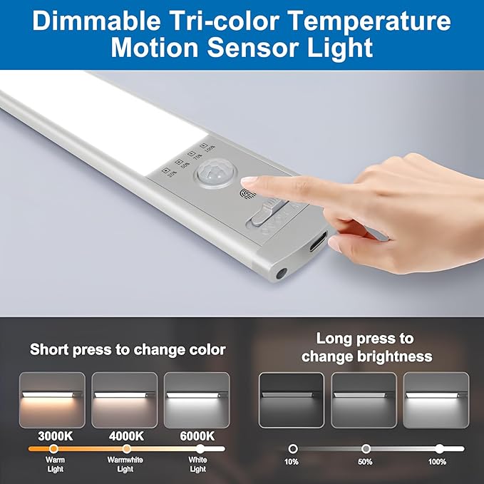 Under Cabinet Lighting, 2Pack Motion Sensor Light Indoor with 3 Color Temps, Rechargeable Under Counter Lights for Kitchen,Dimmable Closet Lights Battery Operated, 76 LED Motion Sensor Light Indoor