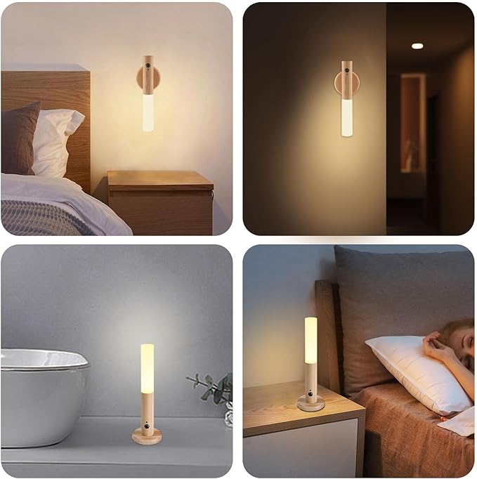 LANDGOO LED Automatic Motion Sensor Lights Wall Lamps Set of 2 Sconces Battery Operated Rechargeable Portable Magnetic 360° Rotation Cordless for Bedroom Bedside (White Ash Wood 2pcs)