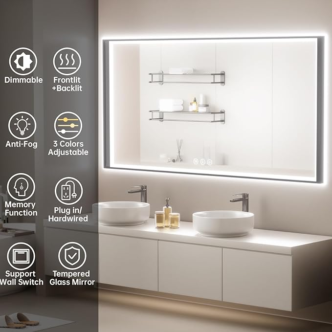 55x30 LED Bathroom Mirror with Lights, Black Aluminum Framed, Backlit + Front Lit, Lighted Bathroom Vanity Mirror for Wall, Anti-Fog, Memory Function, Dimmable, Shatterproof ETL Listed