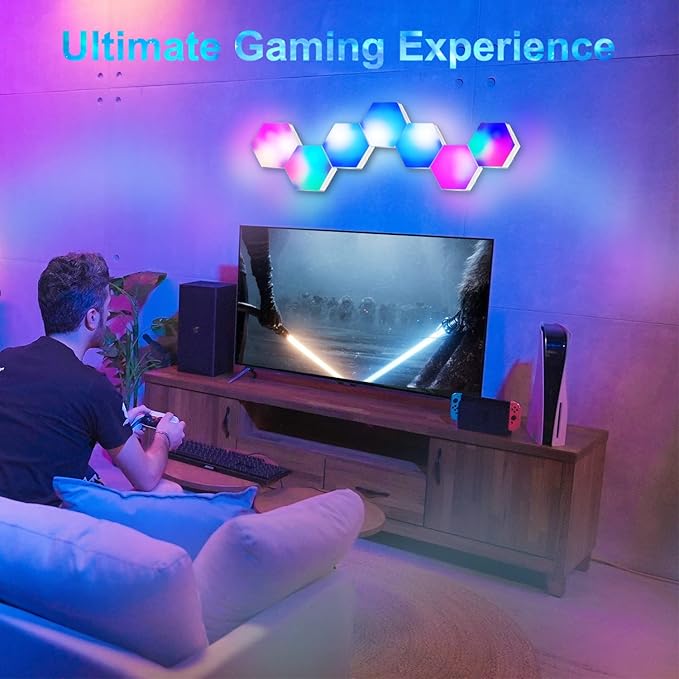 Amailtom Hexagon LED Lights, Smart RGB-IC Gaming LED Wall Lights App & Remote Control Music Sync, Hexagon Light Panels DIY Geometry Ambience Lighting for Gaming Room Bedroom Streaming, 10 Panels