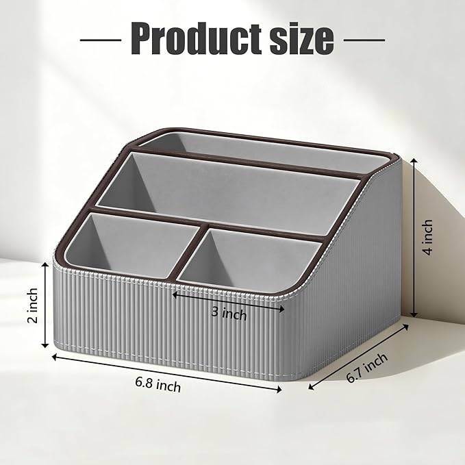 PU Leather Remote Control Holder with 4 Compartments, Small Desk Organizer Office Supply Bedside Caddy, All-in-One Small Bedside Remote Holder Nightstand Desktop Organizer