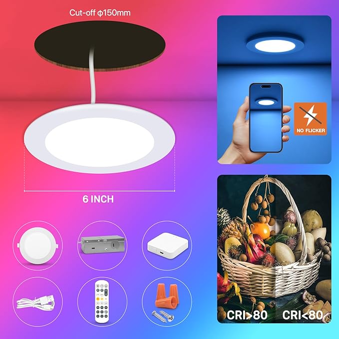 6Pack Smart RGB Recessed Light 6Inch,Ultra-Thin Canless LED Downlight,2.4GHz Wi-Fi Bluetooth Direct Connect,2700K-6500K,12W,1080LM,Work with App/Alexa/Google Assistant/Siri