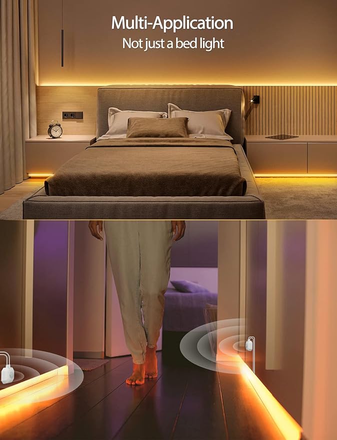 Daymeet Motion Sensor Lights Indoor, 16.4ft Motion Activated LED Strip Lights Under Bed Light, Night Lighting 3000K Warm White Under Cabinet Light for Hallway, Bedroom,Kitchen (NO APP)