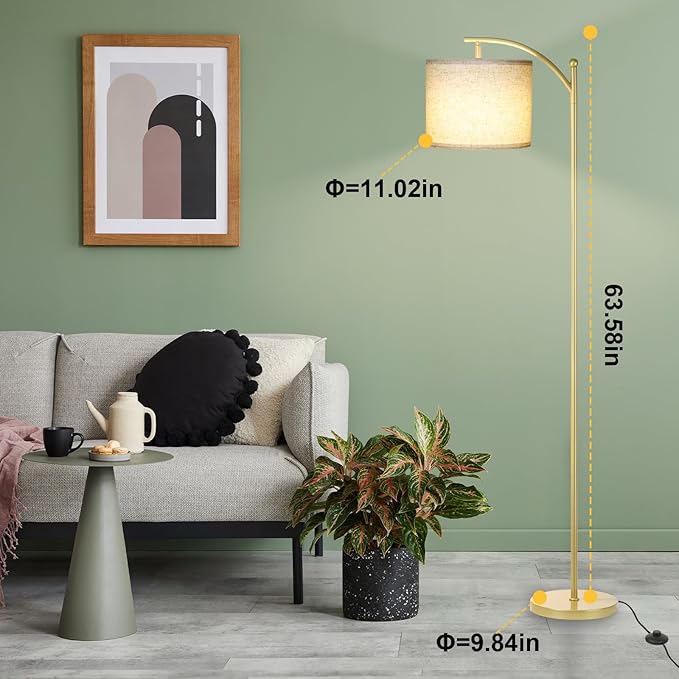 Floor Lamp for Living Room, Dimmable Floor Lamp with Foot-Step Switch Standing Lamp with Linen Shade Reading Lamp for Living Room Bedroom Office Dining Room, 9W Bulb Included (Gold)