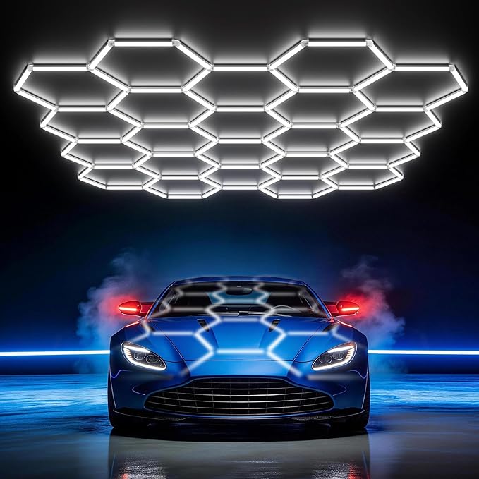 HYPERLITE Gen 2 Hexagon Garage Lights: 581W 58100LM 22 Grids Hexagon Led Light, 6500K Ultra Bright Honeycomb Hex Lights, Easy Install, Durable Design for Garage, Car Detailing, Workshops, Shops, Gym