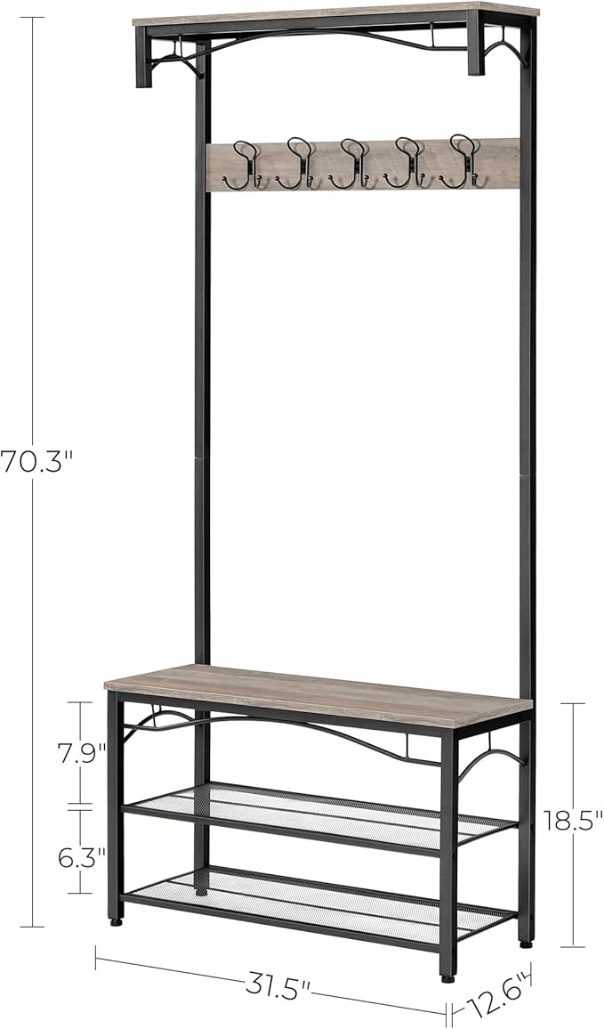 VASAGLE Shoe Bench Rack, 3-Tier Storage Shelf for Entryway Hallway Living Room, Industrial Accent Furniture with Steel Frame, 12.6 x 31.5 x 70.3 Inches, Greige