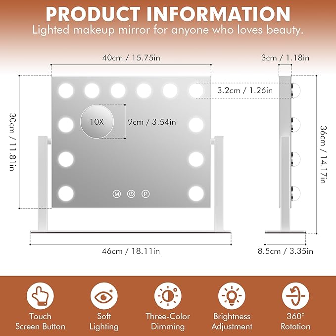 Kottova Vanity Mirror with Lights,15.7"x11.8"LED Makeup Mirror, Lighted Makeup Mirror with 10X Spot Mirror,Smart Touch 3 Colors Dimmable,360° Rotation,for Vanity Desk Tabletop,Plug in(White)