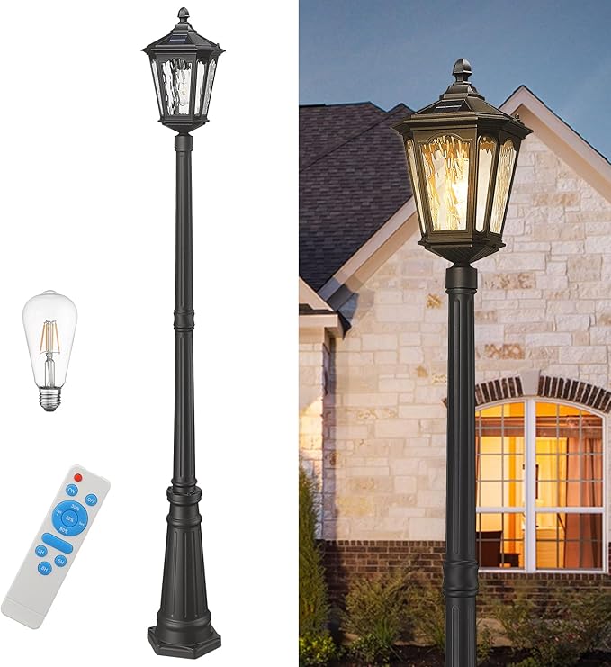 82 Inch Solar Post Street Lamp Light with Remote Control, Dusk to Dawn Waterproof LED Pole Light Exterior, Outside Pillar Lighting with Water Ripple Glass for Lawn Pathway Garden Porch Yard Patio