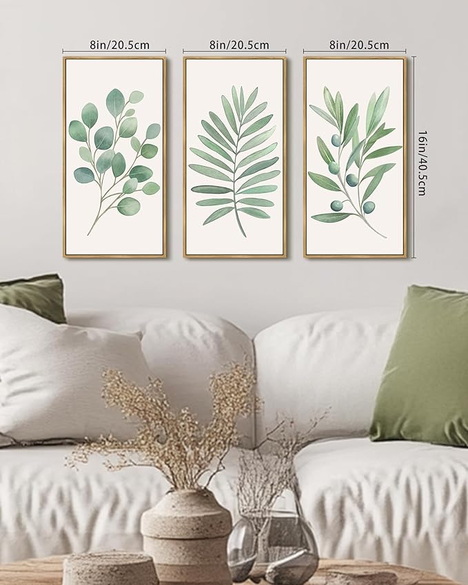 KUVIOKE Botanical Plant Wall Art Sage Eucalyptus Light Green Leaf Framed Wall Decor for Bedroom Living Room Bathroom Home Office Ready to Hang 8x10in3pcs Natural Framed