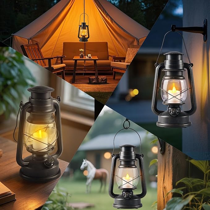 2-Pack Vintage LED Lanterns with Moving Flame Flickering- 9.5" Decorative Flameless Battery Operated Lamps with Timer for Outdoor Garden, Patio & Indoor Decor - Bronze