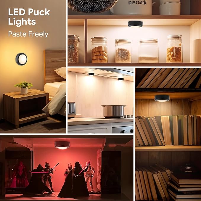 Yiliaw 3 Pack LED Puck Lights Remote Control 16 Color Changeable Under Cabinet Lights, Battery Operated Lights Night Light with Dimmer & Timmer for Closet Bedroom Kitchen, Black