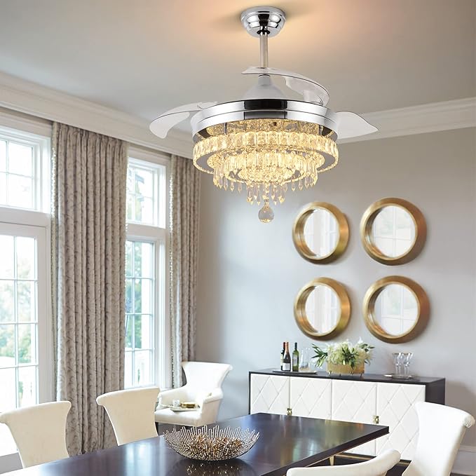 42" Dimmable Fandeliers Modern Crystal Chandeliers Ceiling Fans 6 Speeds Adjustable, with Memory and Timing Functions, APP & Remote Control Fandelier for Living Dining Room Bedroom