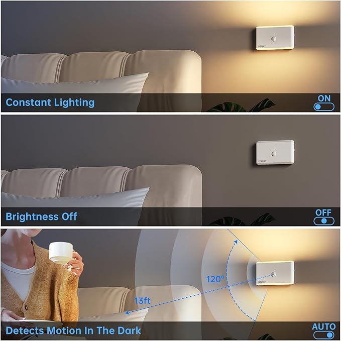 6 Pack Motion Sensor Night Light,Rechargeable Stair Lights, Motion Sensor Light Indoor, Battery Operated Night Light for Hallway, Stairway, Bathroom, Bedroom, Kitchen