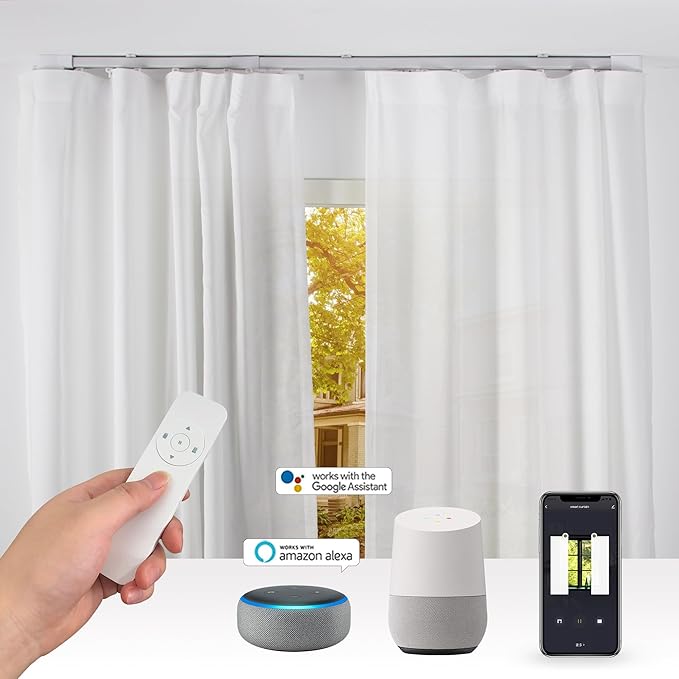 Smart Electric Curtain Ceiling Mounted Motorized Motor System Adjustable Track Length Compatible with Alexa Google Siri Apple 98-177in.