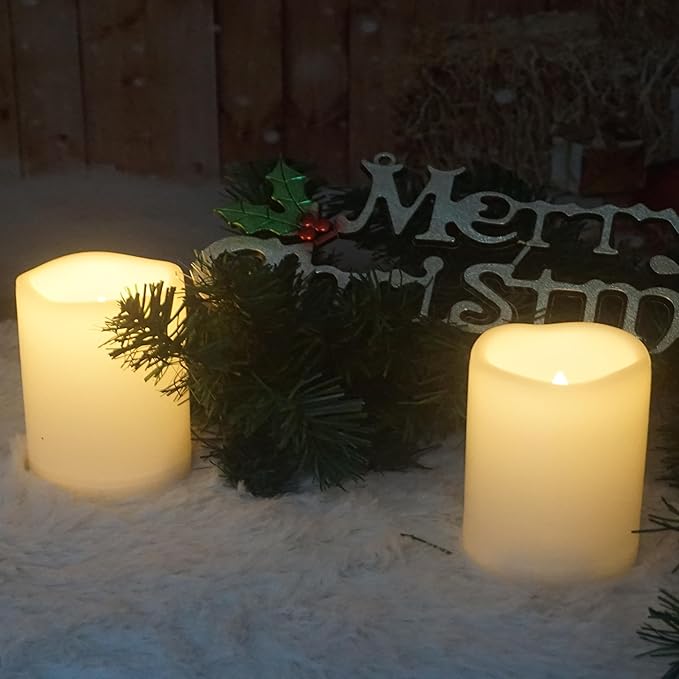 Waterproof Outdoor Battery Operated Flameless Candles with Auto Timer Flickering Plastic Resin Electric LED Pillar Lights for Lantern Patio Garden Wedding Party Decorations 3x4 Inches 2 Pack White