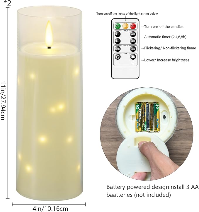 11" x 4" Large Outdoor Waterproof Flameless LED Candles with Remote and Timer,Acrylic Pillar Candles Battery Operated with Embedded Star String for Porch,Patio,Outdoor Decor,Set of 2(Ivory)