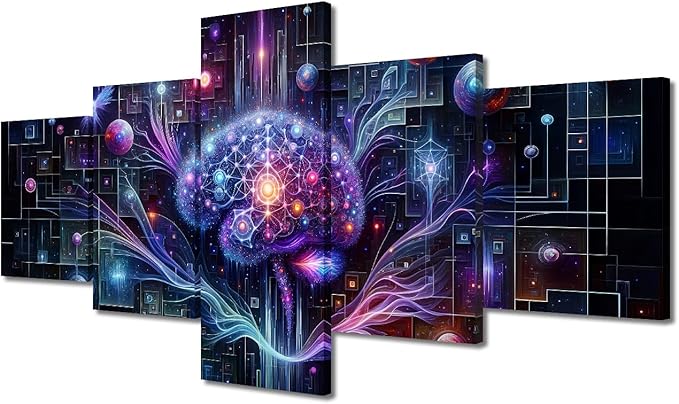 5 Panel Living Room Wall Decor Digital Brain Canvas Wall Art Neural Network Wall Decorations for Bedroom Technology Picture for House Wall Decoration Artificial Intelligence Poster for Room 50"Wx24"H
