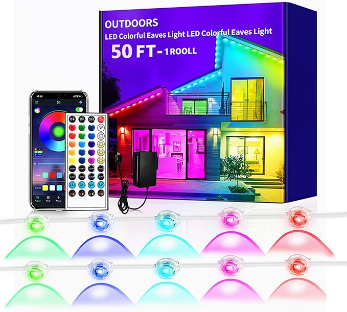 Permanent Outdoor Lights - 50FT Smart Outdoor Eaves Light with App/Remote Control,Music Synchronization, IP67 Waterproof, LED Eaves Lights for Patio/Eave/Party Decorations (50FT)