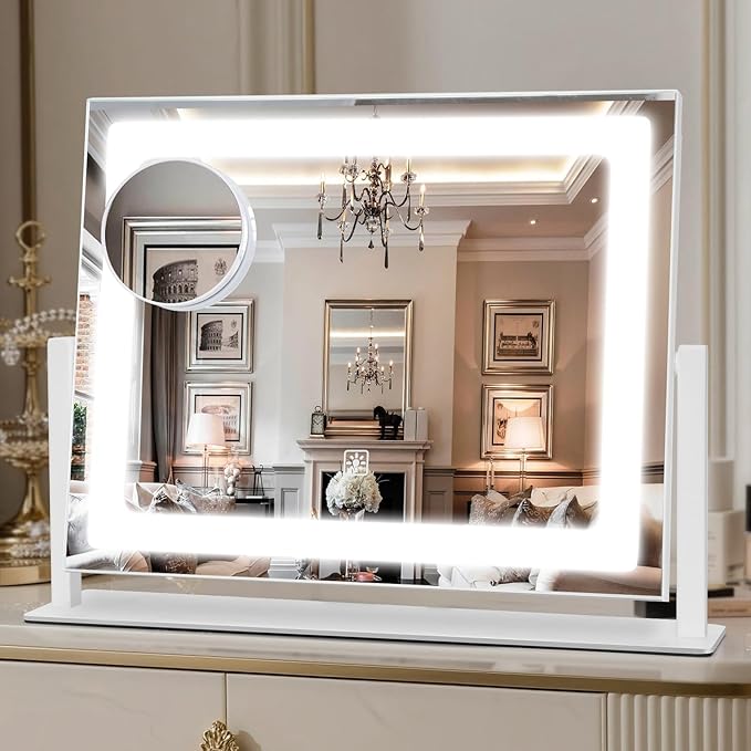 Vanity Mirror with Lights, 16"×12" LED Makeup Mirror, HD Professional Mirror, 10X Magnification, Smart Touch with 3-Color Lighting, Dimmable, 360° Rotation, Lighted Up for Makeup Desk, Bedroom (White)