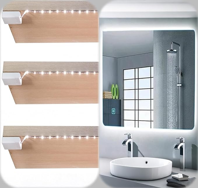 L8star Battery Powered LED Strip Lights, 3.28ft x 3 Pack(9.8ft),6000K White Strip Light with 3 AA Battery Box, 90 LED Strip Lights for Kitchen Under Cabinet Lighting, Shelves, Under Counter