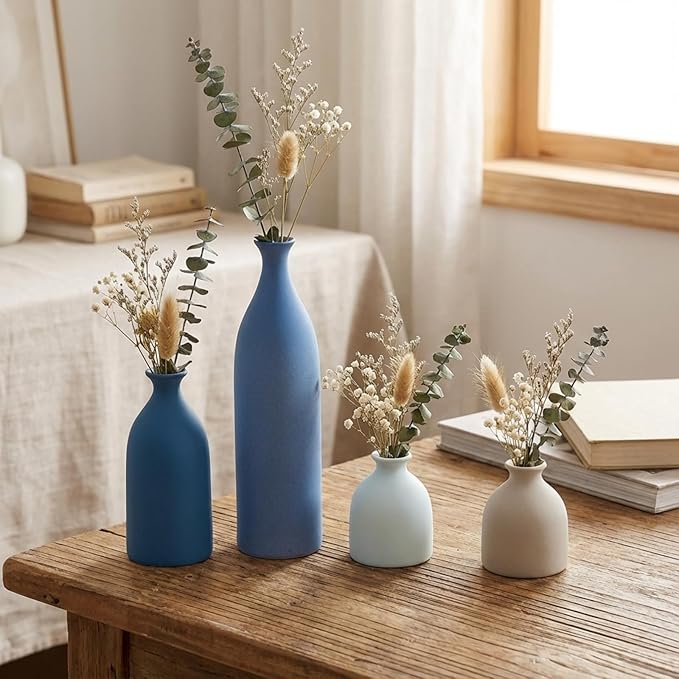 Dandat Blue Ceramic Vase Set of 4, Modern Decorative Ceramic Vases Rustic Pottery Centerpiece Table Decor for Farmhouse Bouquet Pampas Grass Dried Fresh Flowers, Living Room, Kitchen, Bedroom