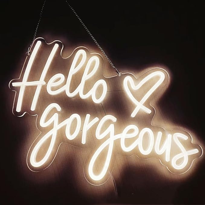 Hello Gorgeous Neon Sign,LED Neon Hello Sign Decorative Art Lamp with Dimmable Switch Suitable for Home Wedding Birthday Backdrop Party,17x10In,Usb Powered(Warmwhite Hello Gorgeous)