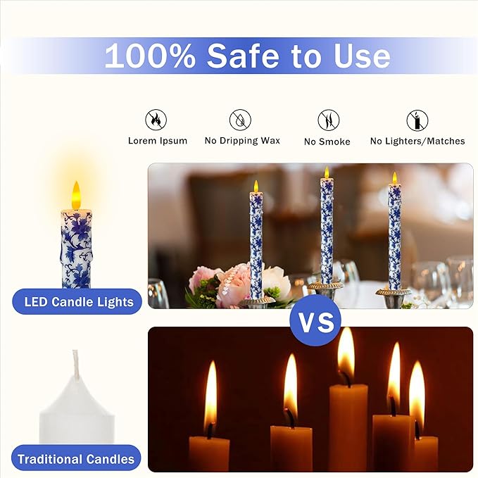 Chinoiserie LED Candles Remote Candlesticks-10inches Blue and White Battery Operated Candles Timer Floral LED Taper Candles Lights for Home Wedding Tea Party Windows Decor-RC2PC-BLUWHT