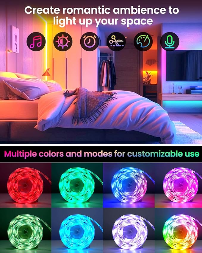 Pak LED Lights for Bedroom 16.4ft, Smart RGB+IC LED Strip Lights with App/Remote Control, Music Sync Color Changing Flexible LED Lights with 64 Scene Modes for Party, Home, Christmas, Halloween Decor