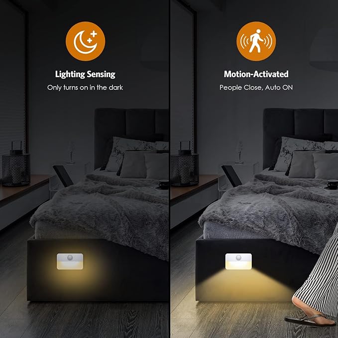 【6 Pack】Motion Sensor Night Light, Stick-On Motion Sensor Lights Indoor, Battery Powered Under Cabinet Kitchen Lights with Adhesive Pads, Auto/On/Off for Cupboard Wardrobe Stair Kitchen Warm White