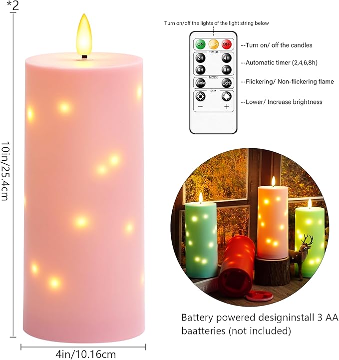 10" x 4" Large Outdoor Waterproof Flickering Flameless Candles with Timer,2Pcs Battery Operated LED Pillar Candles with Embedded Star String for Outdoor Lanterns,Porch,Patio Decor(Pink)