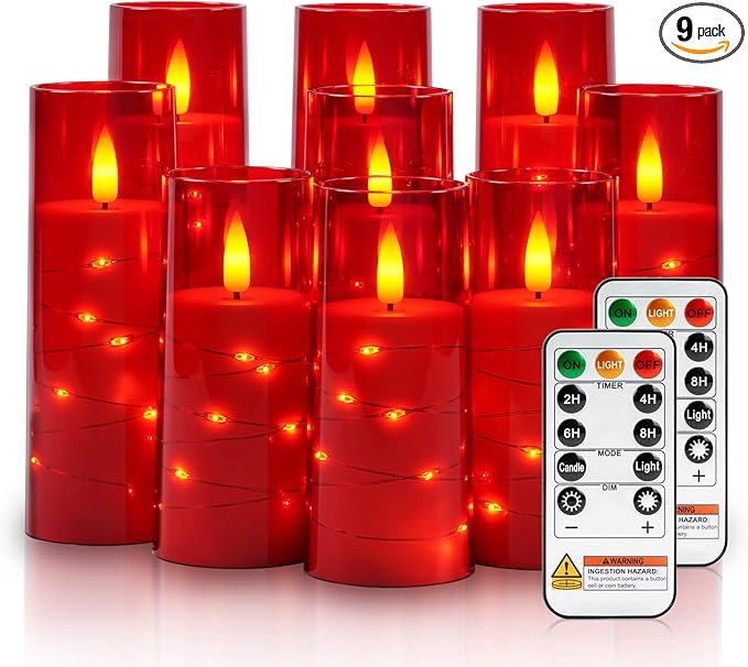 Raycare Flameless Candle with Remote Timer – 9 Flickering Acrylic Battery Operated LED Pillar Candles with Embedded Star String for Valentine's Day, Home Decor, and as a Gift (Red)
