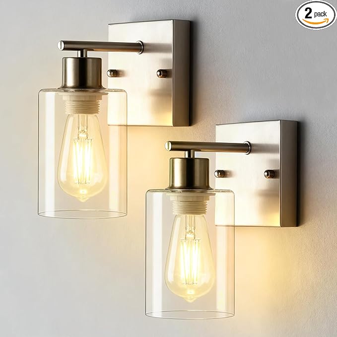 2-Pack Bathroom Wall Sconces, Brushed Nickel Vanity Lights, Modern Wall Light Fixture with Clear Glass Shade, Farmhouse Wall-Mount Lighting Lanterns, Wall Lamps for Mirror Living Room Bedroom Kitchen