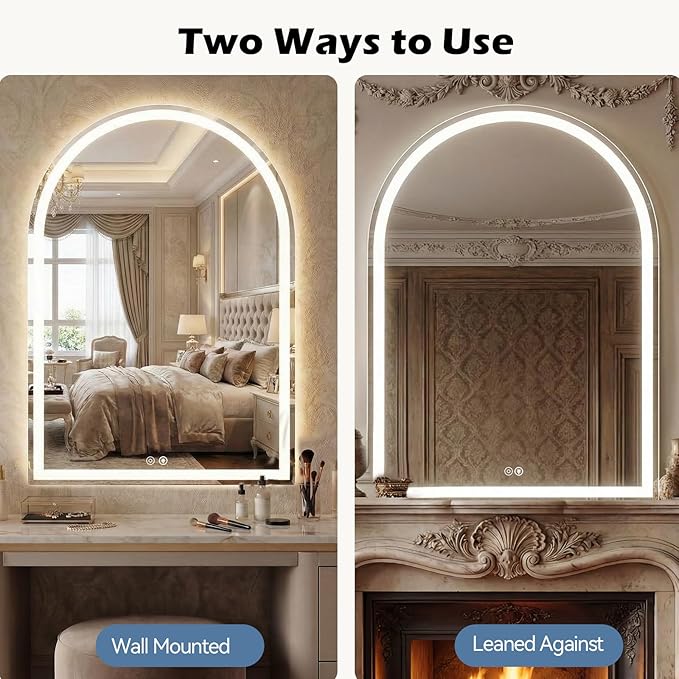 Sweetcrispy 28"×36" LED Bathroom Mirror with Lights, Arched Vanity Mirror with Anti-Fog, Dimmable, 3-Color Light, Memory Function, Tempered Glass