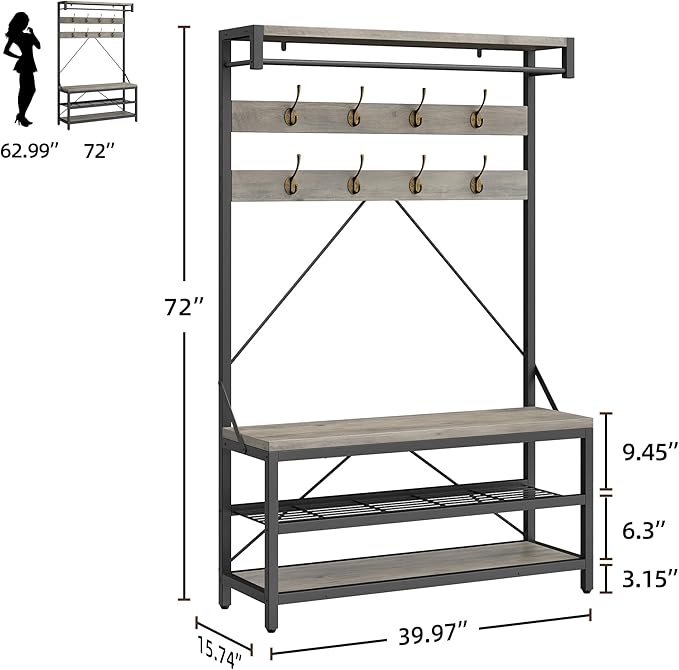 Hall Tree with Bench and Shoe Storage, Entryway Coat Rack with 2-Tier Shoe Bench, Hallway Organizer with Hooks, Hanging Rod and Top Shelf for Hallway Mudroom Bedroom, Grey