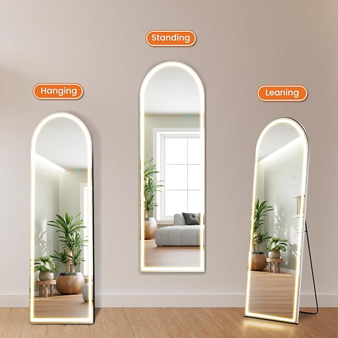 Sweetcrispy Arched Full Length Mirror with LED Lights, 61"x17" Lighted Floor Mirror with Dimming & 3 Color Lighting, Stand for Bedroom, Dressing Room