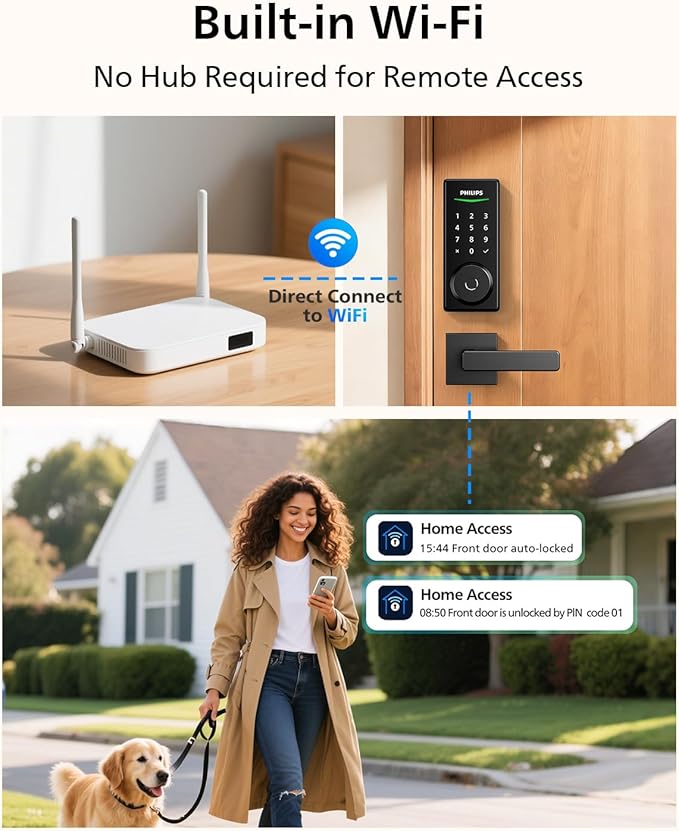 Philips Built-in WiFi Smart Lock, Keyless Entry Door Lock with App, Touchscreen, Fingerprint Door Lock — Compatible with Alexa & Google, Splash-Proof Design, Includes 8 Batteries, Black
