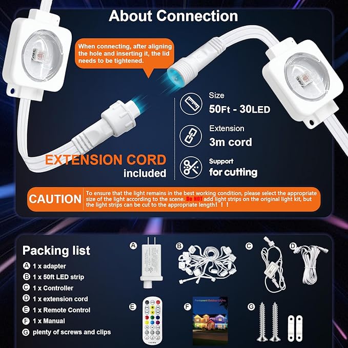 Permanent Outdoor Lights 50FT, Smart RGB+IC Eave Lights with Remote APP Control, DIY LED Color Individual, White & Colorful Christmas String Light, IP67 Waterproof for House Outside Decor