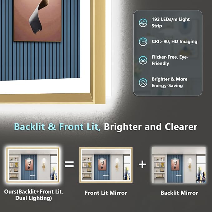 66x40 Gold Beveled LED Bathroom Mirror with Lights, Brushed Gold Framed Backlit and Front Lit Anti-Fog Lighted Vanity Mirrors for Bathroom Wall, Dimmable, 3 Colors, Memory, HD Tempered Glass