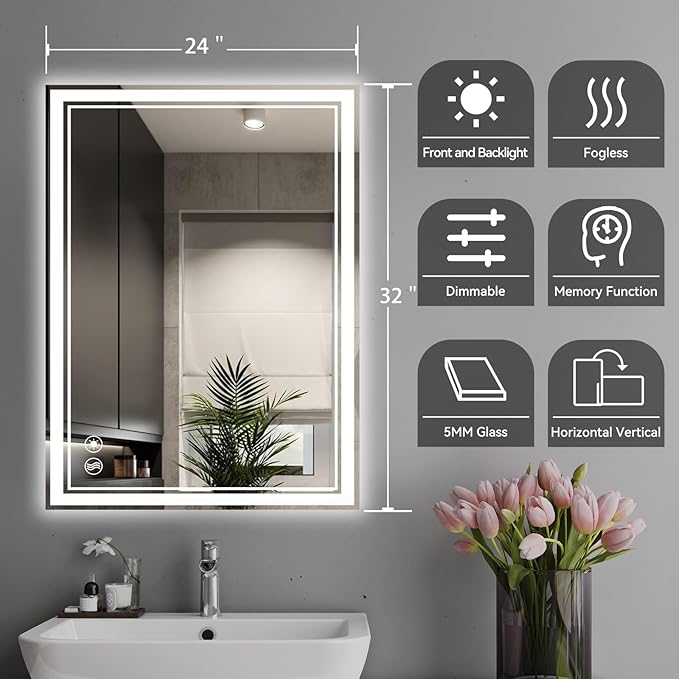 24“ x 32” LED Mirror for Bathroom LED Bathroom Mirror Anti-Fog Dimmable 3 Colors Bathroom Mirror with Lights Smart Mirror Memory Wall Mounted Front and Backlit Horizontal/Vertical