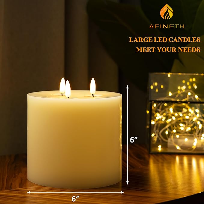 Extra Large Flameless Candles, 6"x6" Real Wax Battery Operated Candles with Remote and Timer, Flickering LED Pillar Candles with 3 Wicks for Home, Wedding, Party, Holiday, Ivory
