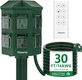 Outdoor Power Stake Timer, Remote Control Dusk to Dawn Light Timer, 30FT Extension Cord Waterproof, 6 Grounded Outlets for Graden and Yard Decorations, ETL Listed