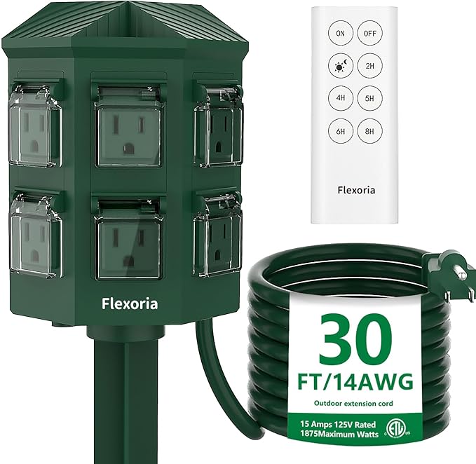 Outdoor Power Stake Timer, Remote Control Dusk to Dawn Light Timer, 30FT Extension Cord Waterproof, 6 Grounded Outlets for Graden and Yard Decorations, ETL Listed