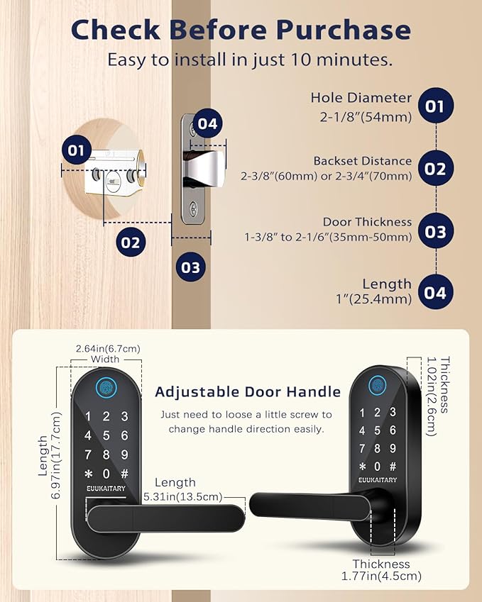 Fingerprint Door Lock, Keyless Entry Door Lock, Smart Lock with Handle for Front Door and Bedroom, WiFi Remote Control, Electronic Digital Keypad with Knob, Auto-Lock