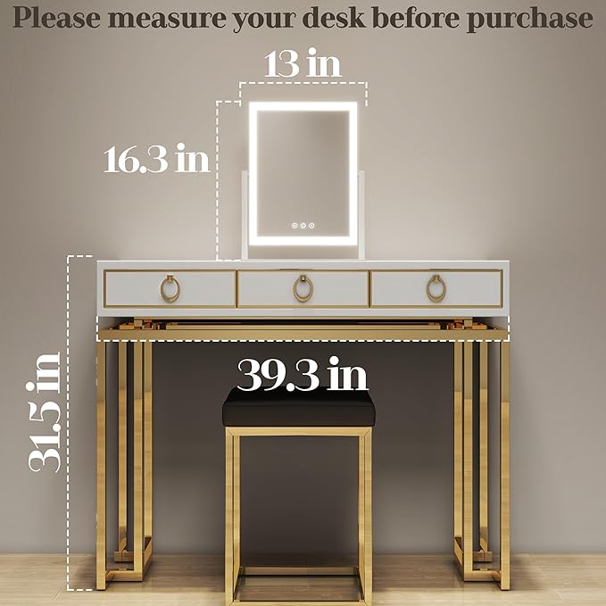 ROLOVE 16"x13" Vanity Mirror with Lights, Three Colors Lighting Mode, 360°Rotation, Lighted Makeup Mirror wih Stand for Desk, Bedroom, Dorm, Gifts for Women